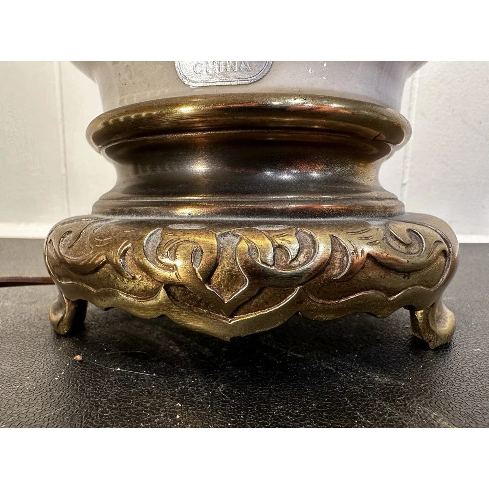 Vintage Tyndale China Table Lamp White Porcelain Brass Tone Ornate Handles Pleat